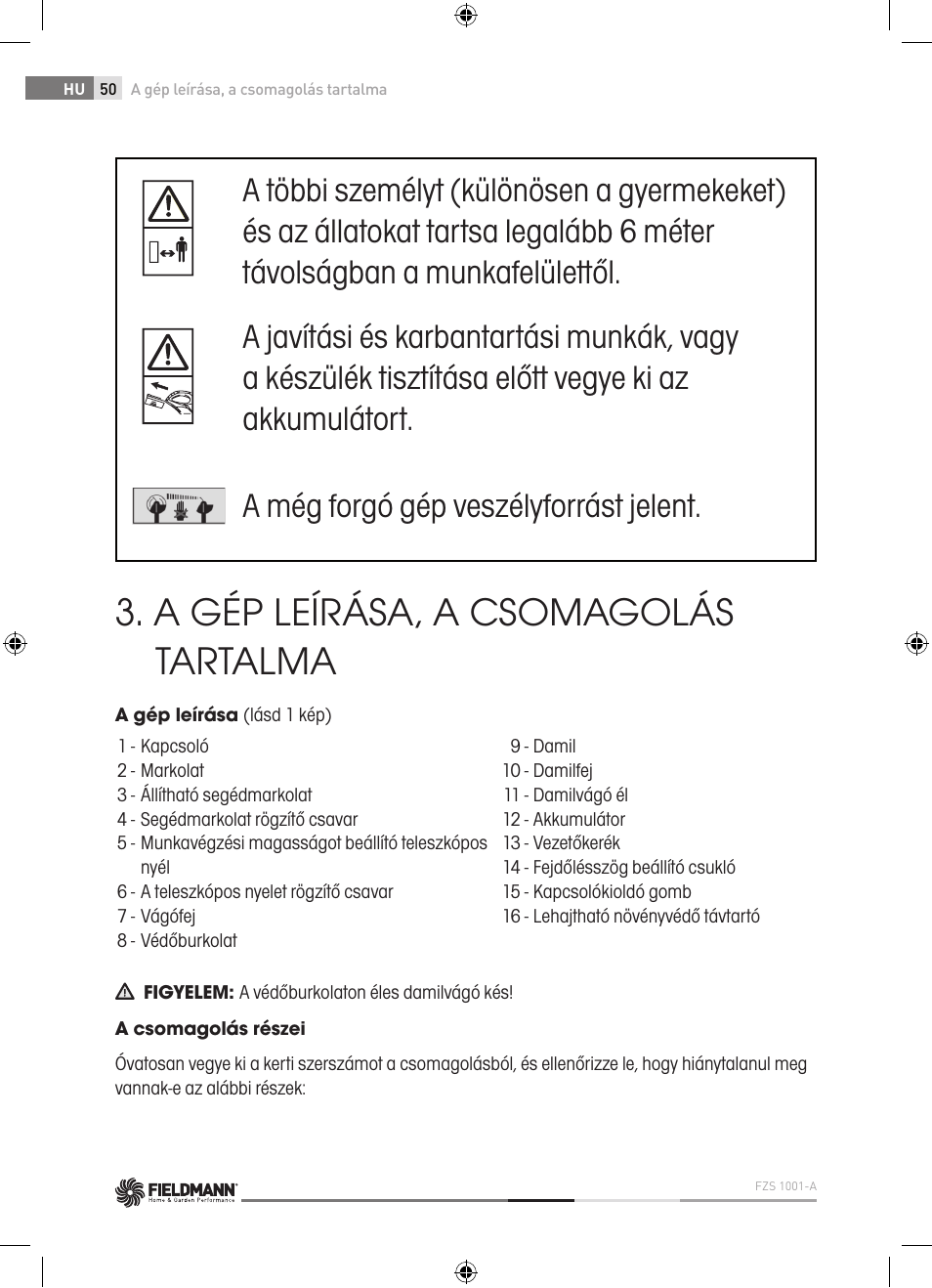 A gép leírása, a csomagolás tartalma | Fieldmann FZS 1001-A User Manual | Page 50 / 104