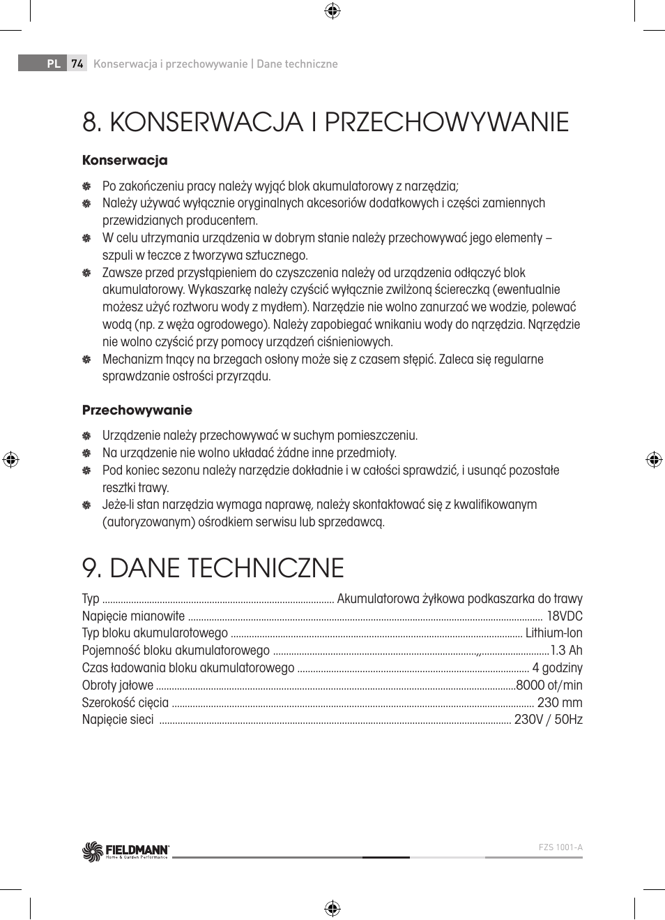 Konserwacja i przechowywanie, Dane techniczne | Fieldmann FZS 1001-A User Manual | Page 74 / 104