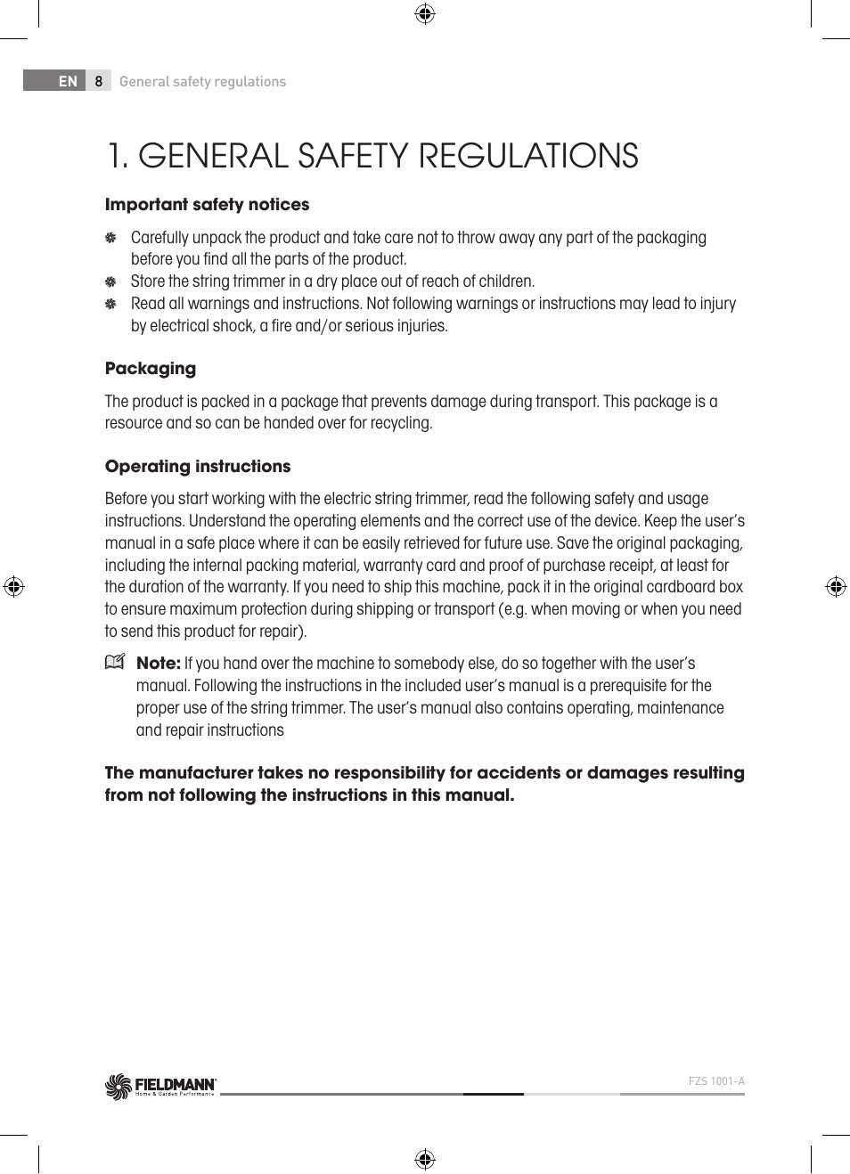 General safety regulations | Fieldmann FZS 1001-A User Manual | Page 8 / 104