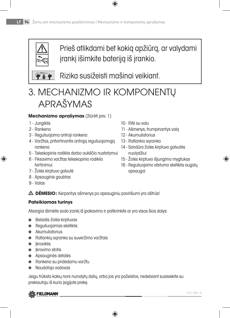 Mechanizmo ir komponentų aprašymas | Fieldmann FZS 1001-A User Manual | Page 94 / 104