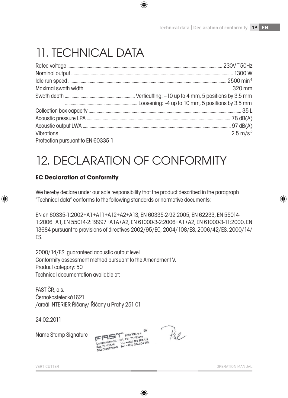 Technical data, Declaration of conformity | Fieldmann FZV 2001-E User Manual | Page 19 / 96