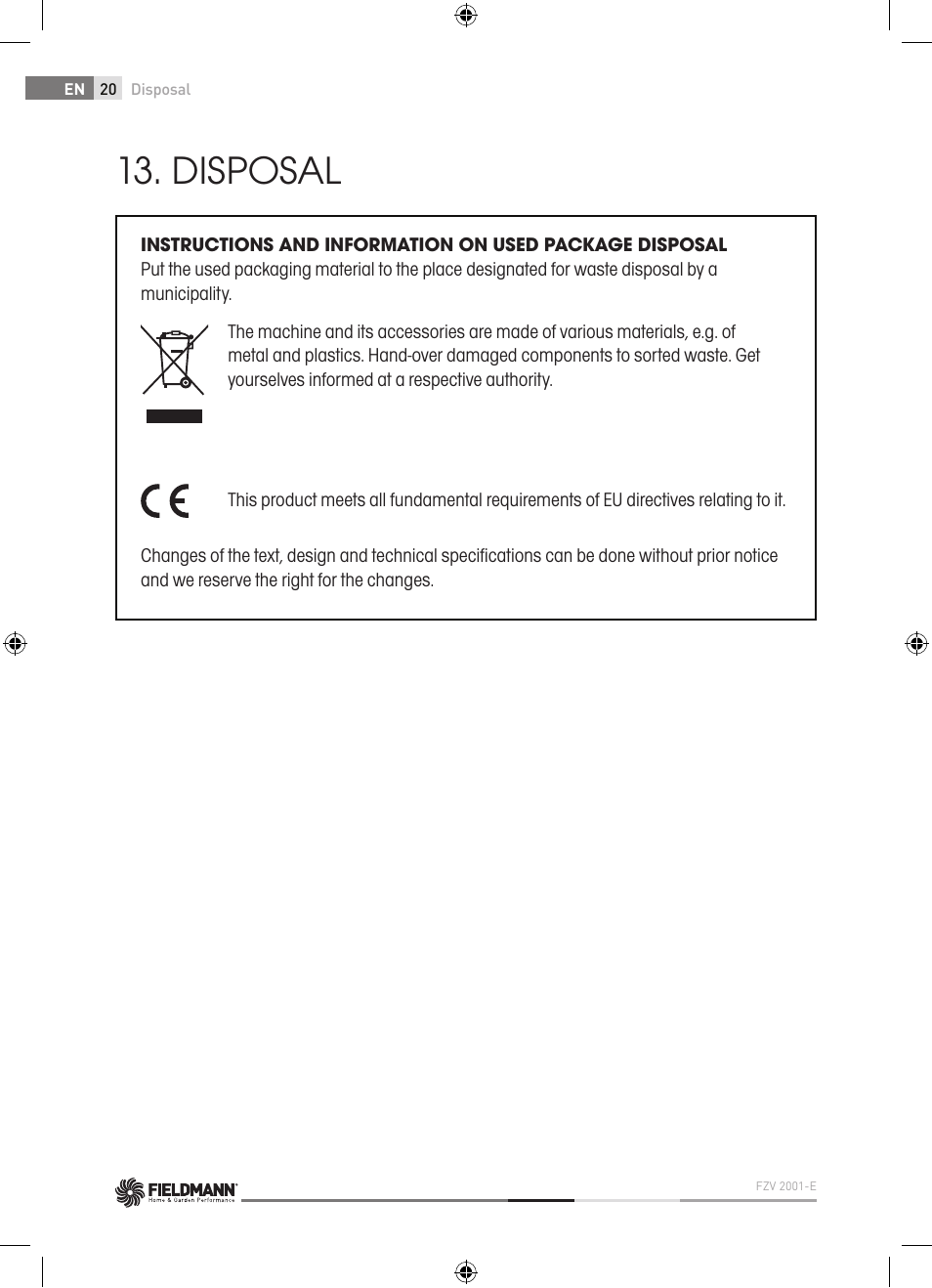 Disposal | Fieldmann FZV 2001-E User Manual | Page 20 / 96