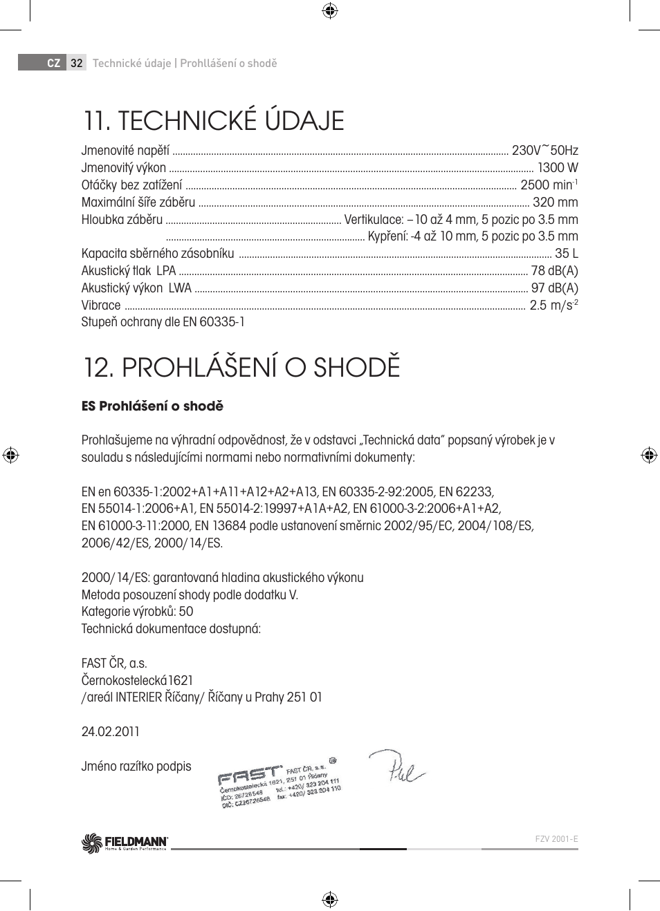 Technické údaje, Prohlášení o shodě | Fieldmann FZV 2001-E User Manual | Page 32 / 96