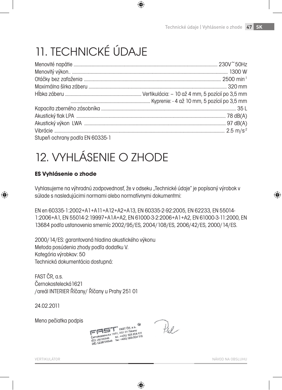 Technické údaje, Vyhlásenie o zhode | Fieldmann FZV 2001-E User Manual | Page 47 / 96