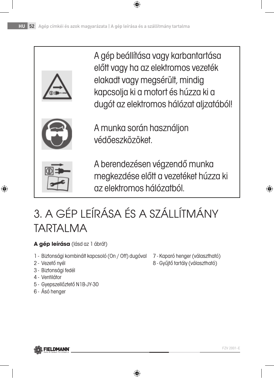 A gép leírása és a szállítmány tartalma | Fieldmann FZV 2001-E User Manual | Page 52 / 96