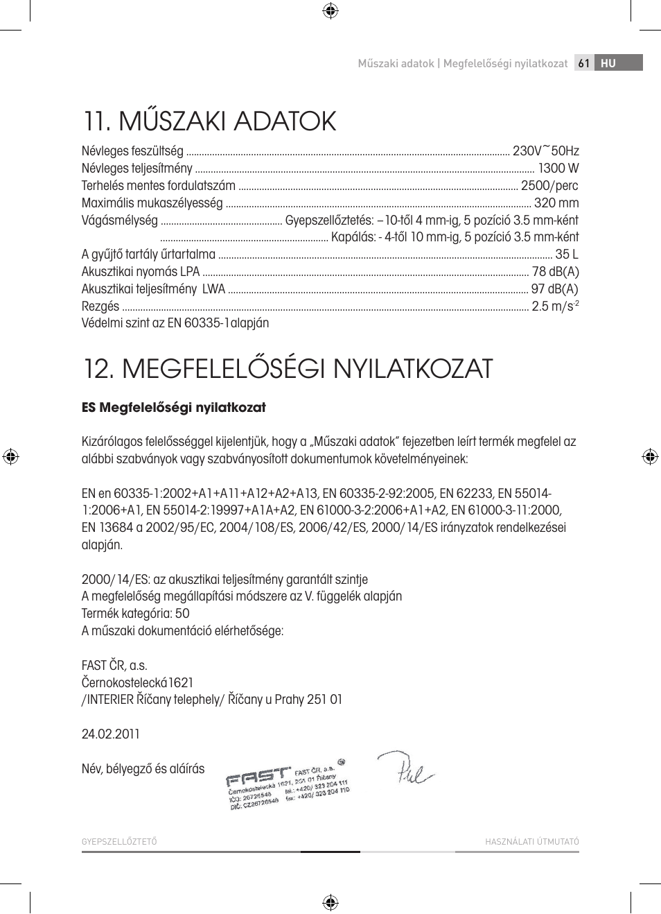 Műszaki adatok, Megfelelőségi nyilatkozat | Fieldmann FZV 2001-E User Manual | Page 61 / 96