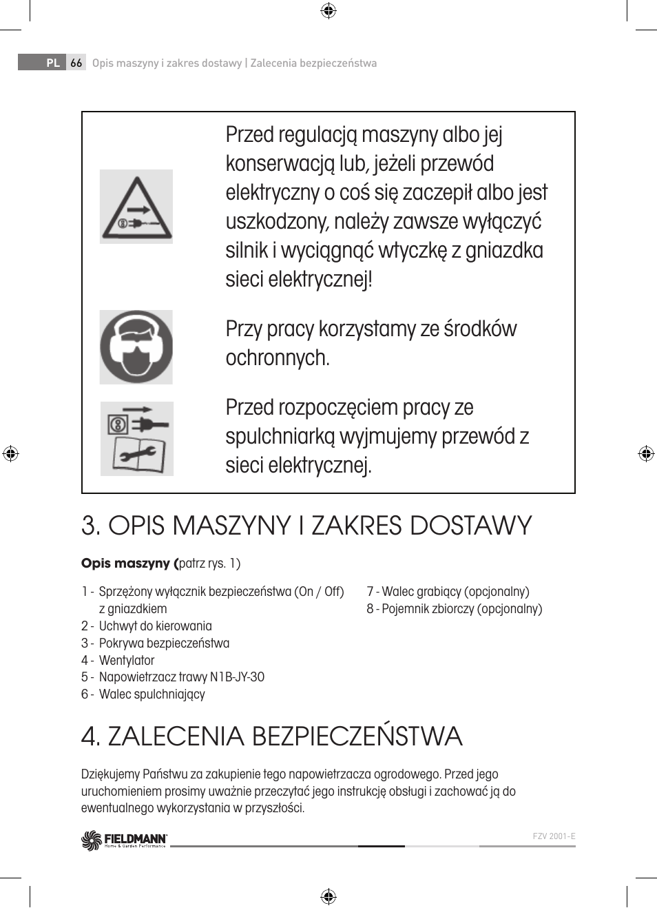 Opis maszyny i zakres dostawy, Zalecenia bezpieczeństwa | Fieldmann FZV 2001-E User Manual | Page 66 / 96