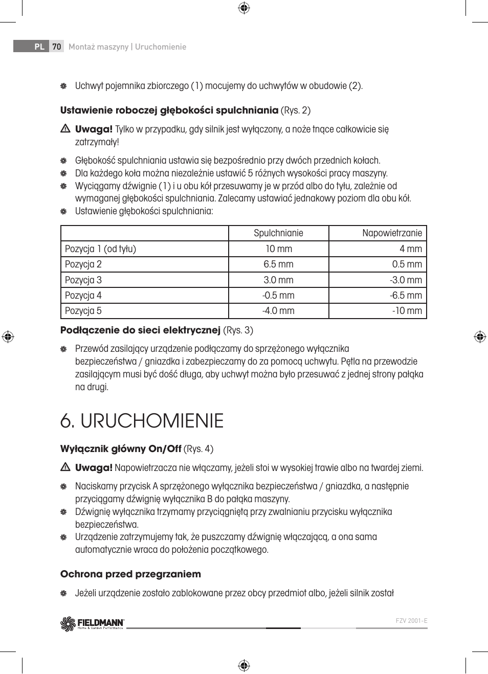 Uruchomienie | Fieldmann FZV 2001-E User Manual | Page 70 / 96