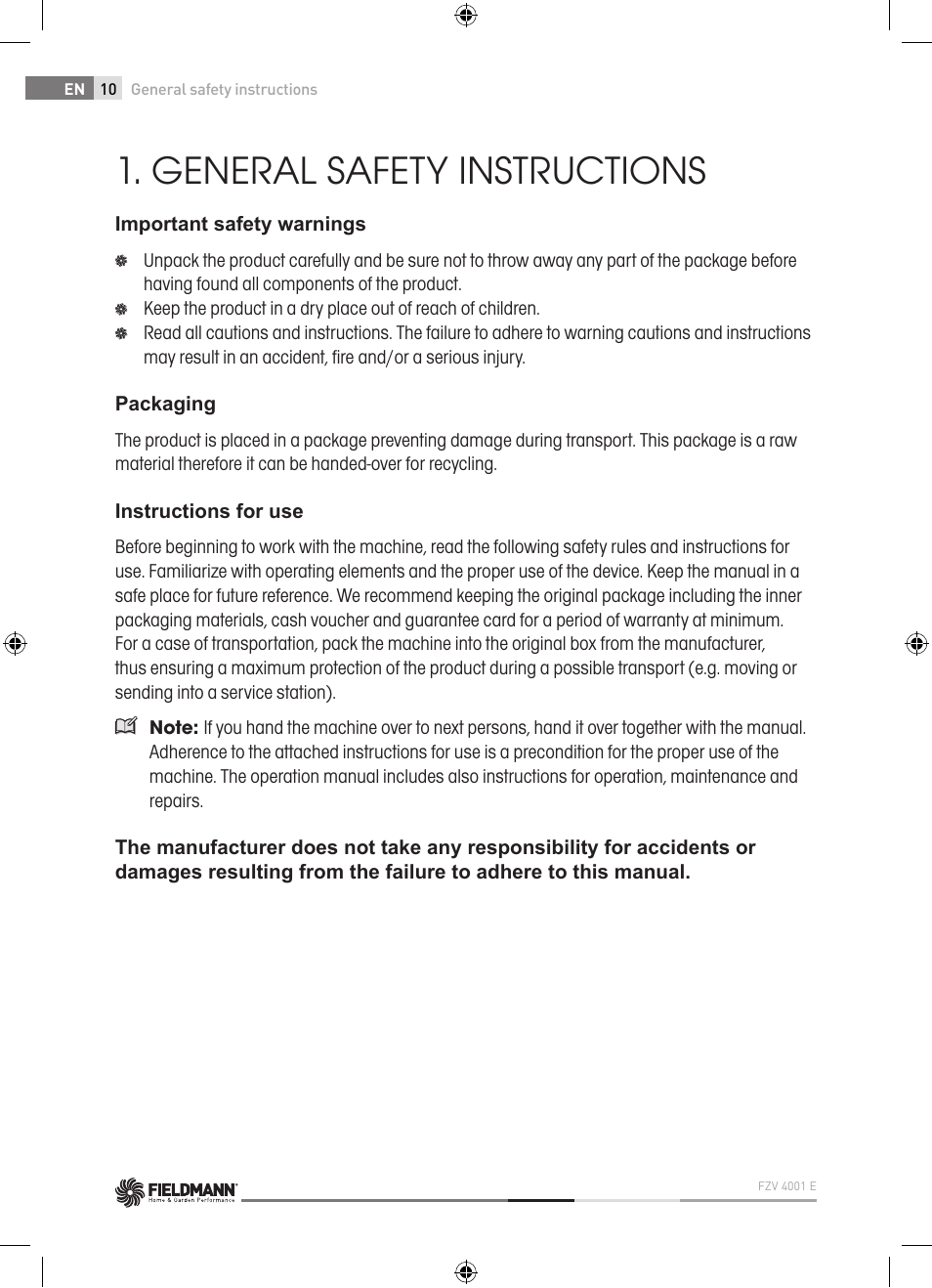 General safety instructions | Fieldmann FZV 4001-E User Manual | Page 10 / 160