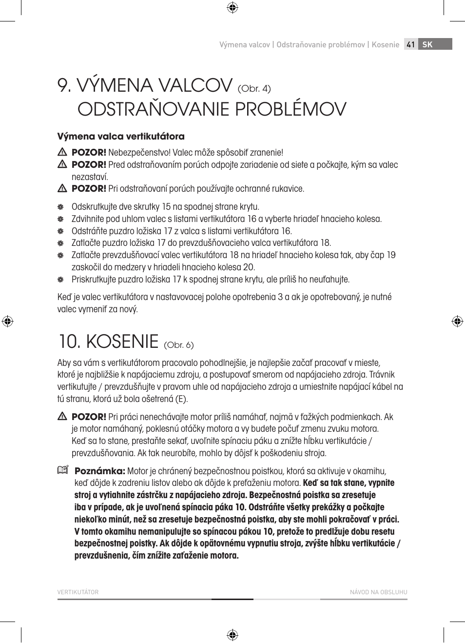 Výmena valcov, Odstraňovanie problémov, Kosenie | Fieldmann FZV 4001-E User Manual | Page 41 / 160