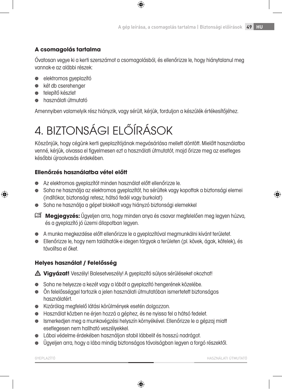 Biztonsági előírások | Fieldmann FZV 4001-E User Manual | Page 49 / 160