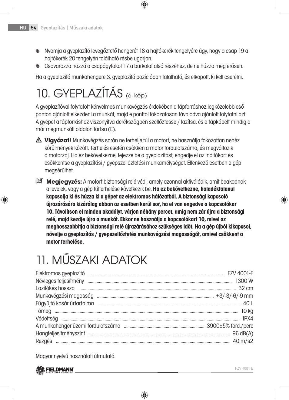 Gyeplazítás, Műszaki adatok | Fieldmann FZV 4001-E User Manual | Page 54 / 160