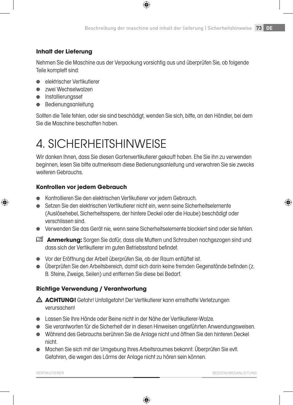 Sicherheitshinweise | Fieldmann FZV 4001-E User Manual | Page 73 / 160