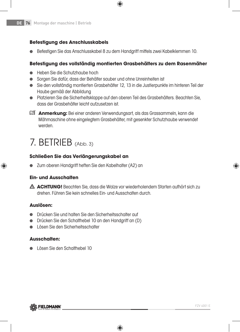 Betrieb | Fieldmann FZV 4001-E User Manual | Page 76 / 160