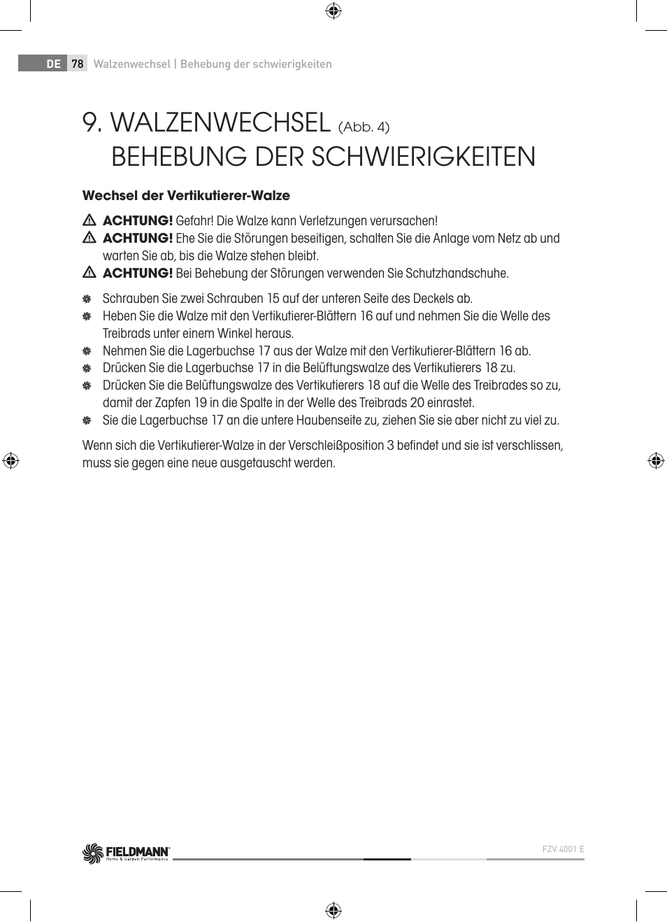 Walzenwechsel, Behebung der schwierigkeiten | Fieldmann FZV 4001-E User Manual | Page 78 / 160