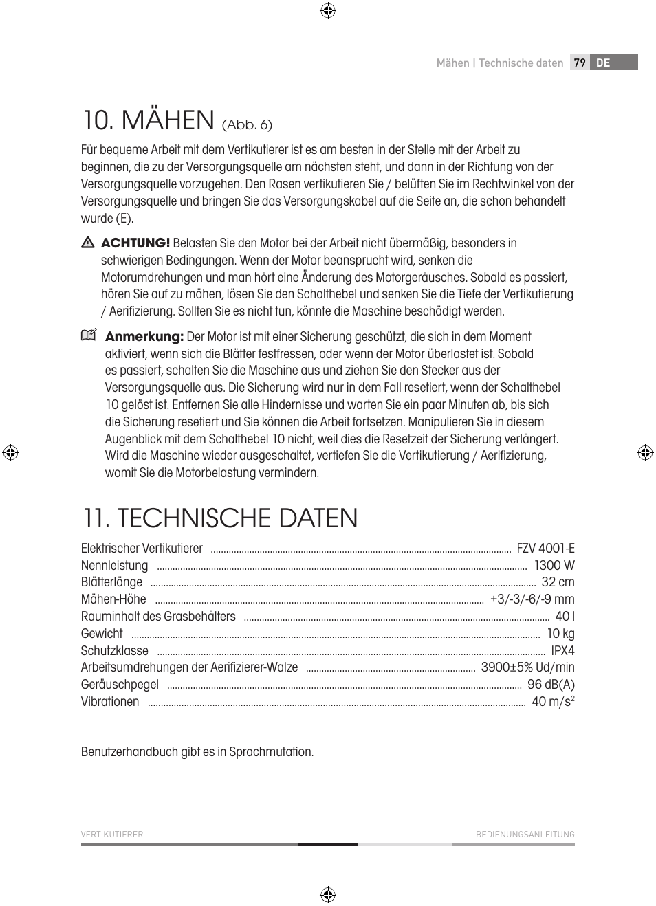 Mähen, Technische daten | Fieldmann FZV 4001-E User Manual | Page 79 / 160