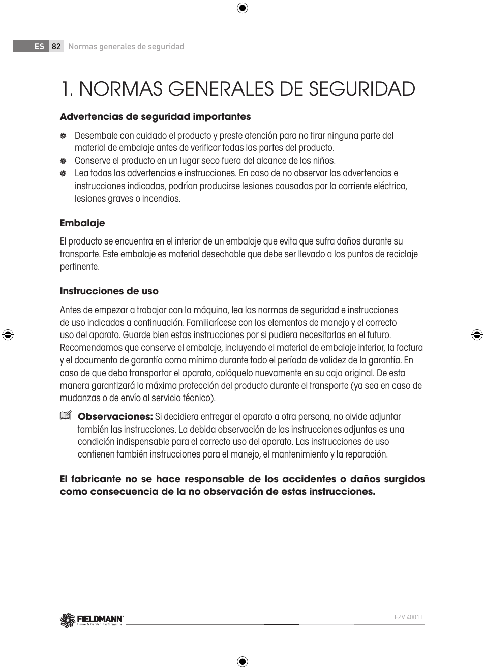 Normas generales de seguridad | Fieldmann FZV 4001-E User Manual | Page 82 / 160