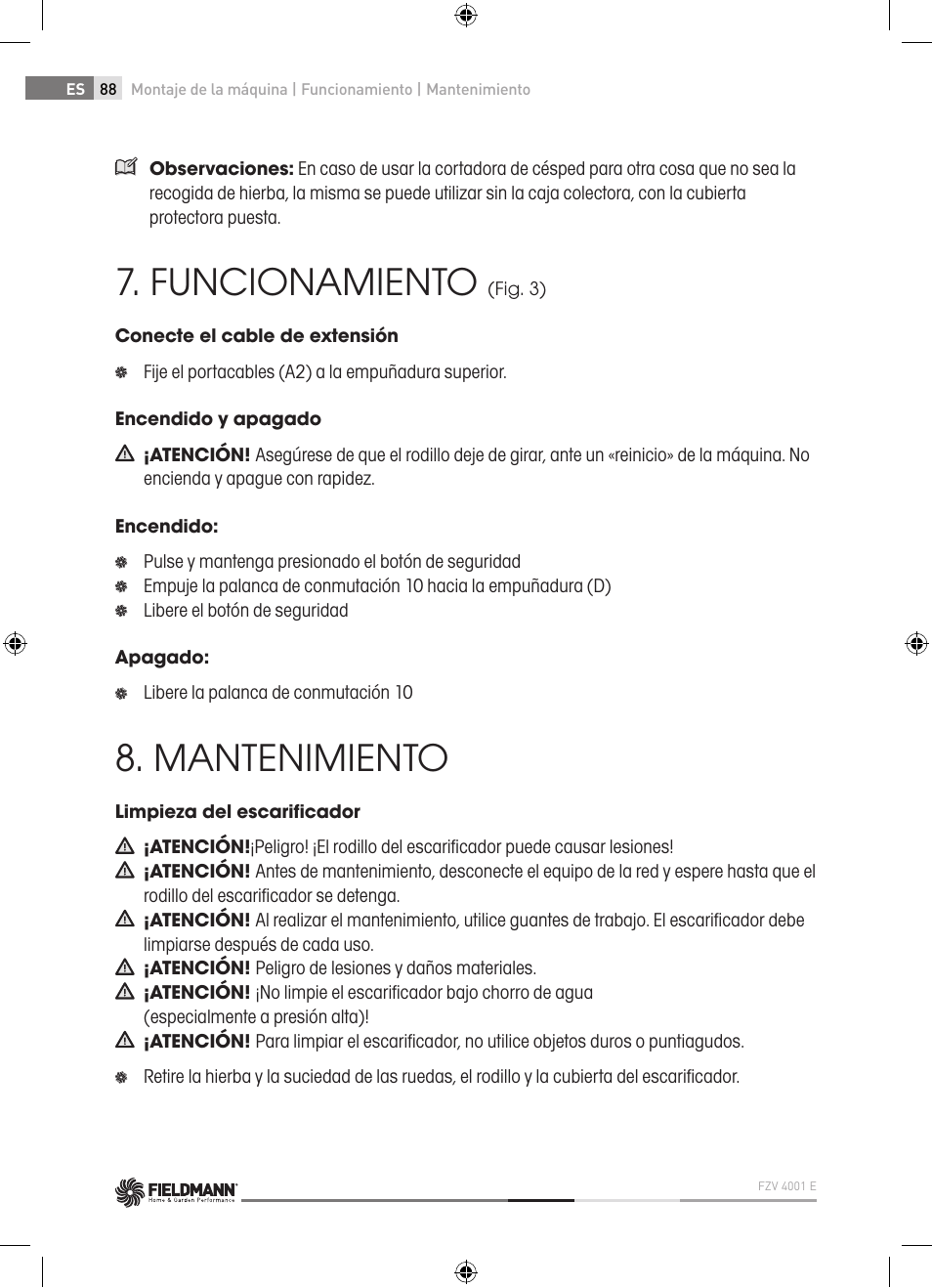 Funcionamiento, Mantenimiento | Fieldmann FZV 4001-E User Manual | Page 88 / 160