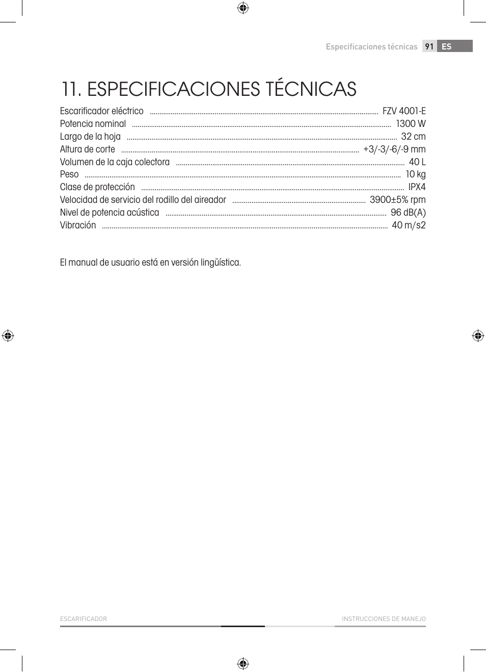 Especificaciones técnicas | Fieldmann FZV 4001-E User Manual | Page 91 / 160