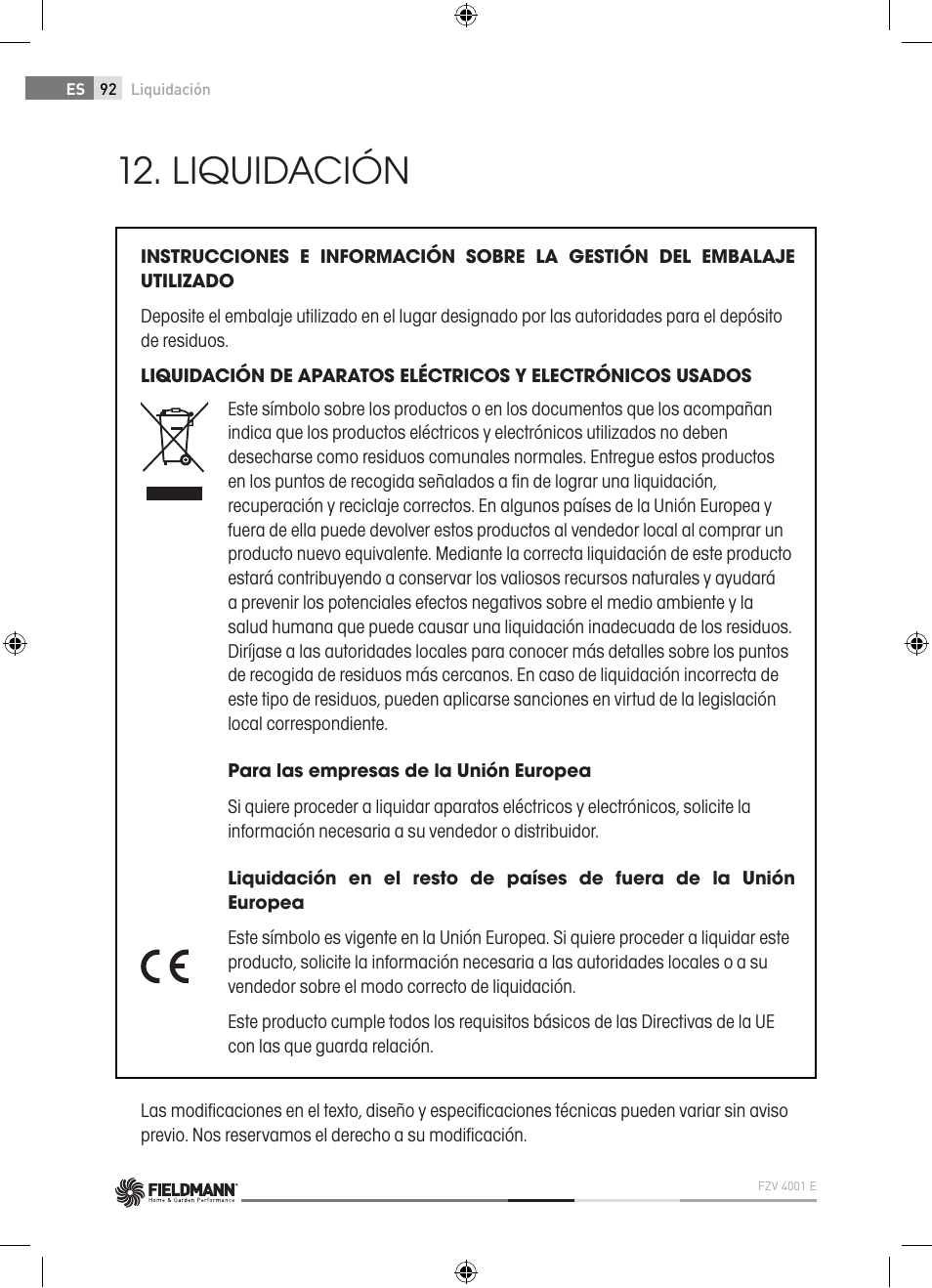 Liquidación | Fieldmann FZV 4001-E User Manual | Page 92 / 160