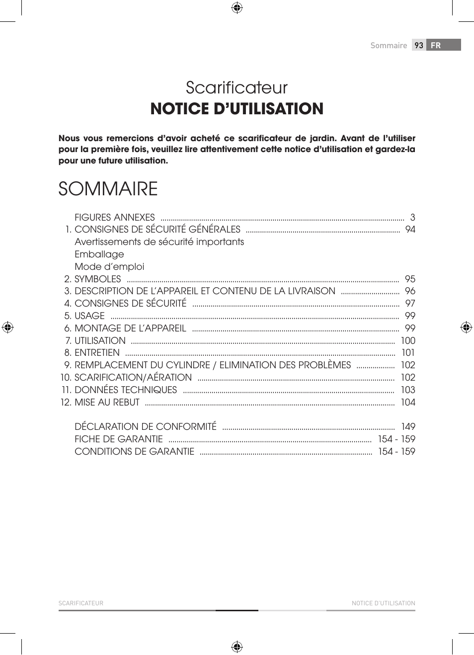 Sommaire, Scarificateur, Notice d’utilisation | Fieldmann FZV 4001-E User Manual | Page 93 / 160