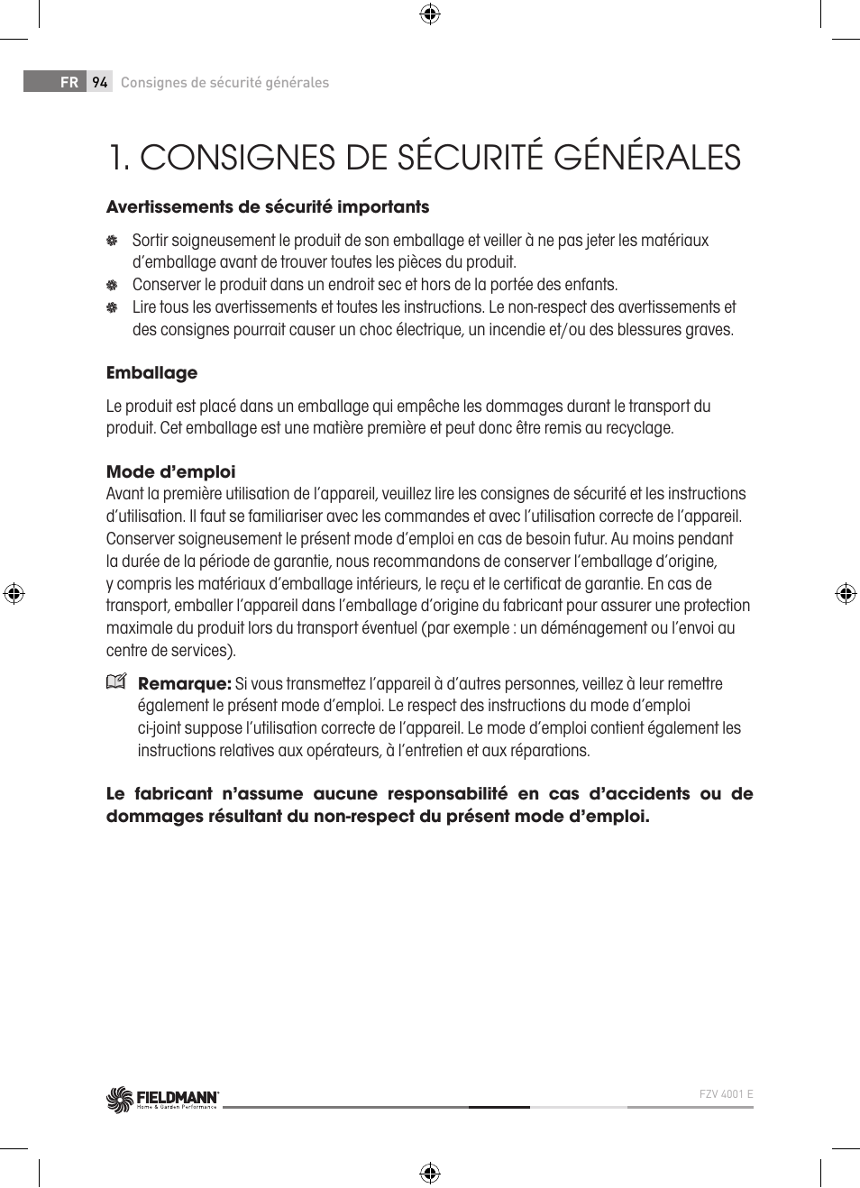 Consignes de sécurité générales | Fieldmann FZV 4001-E User Manual | Page 94 / 160