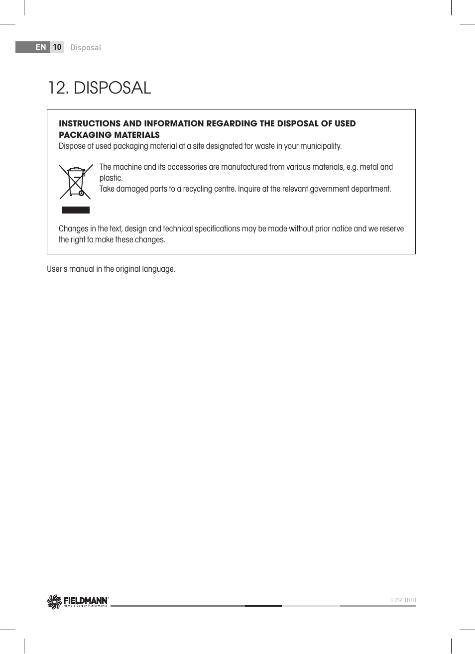 Disposal | Fieldmann FZR 1010 User Manual | Page 10 / 36