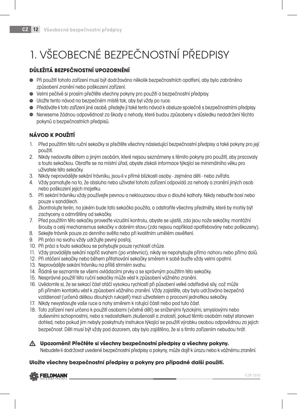 Všeobecné bezpečnostní předpisy | Fieldmann FZR 1010 User Manual | Page 12 / 36