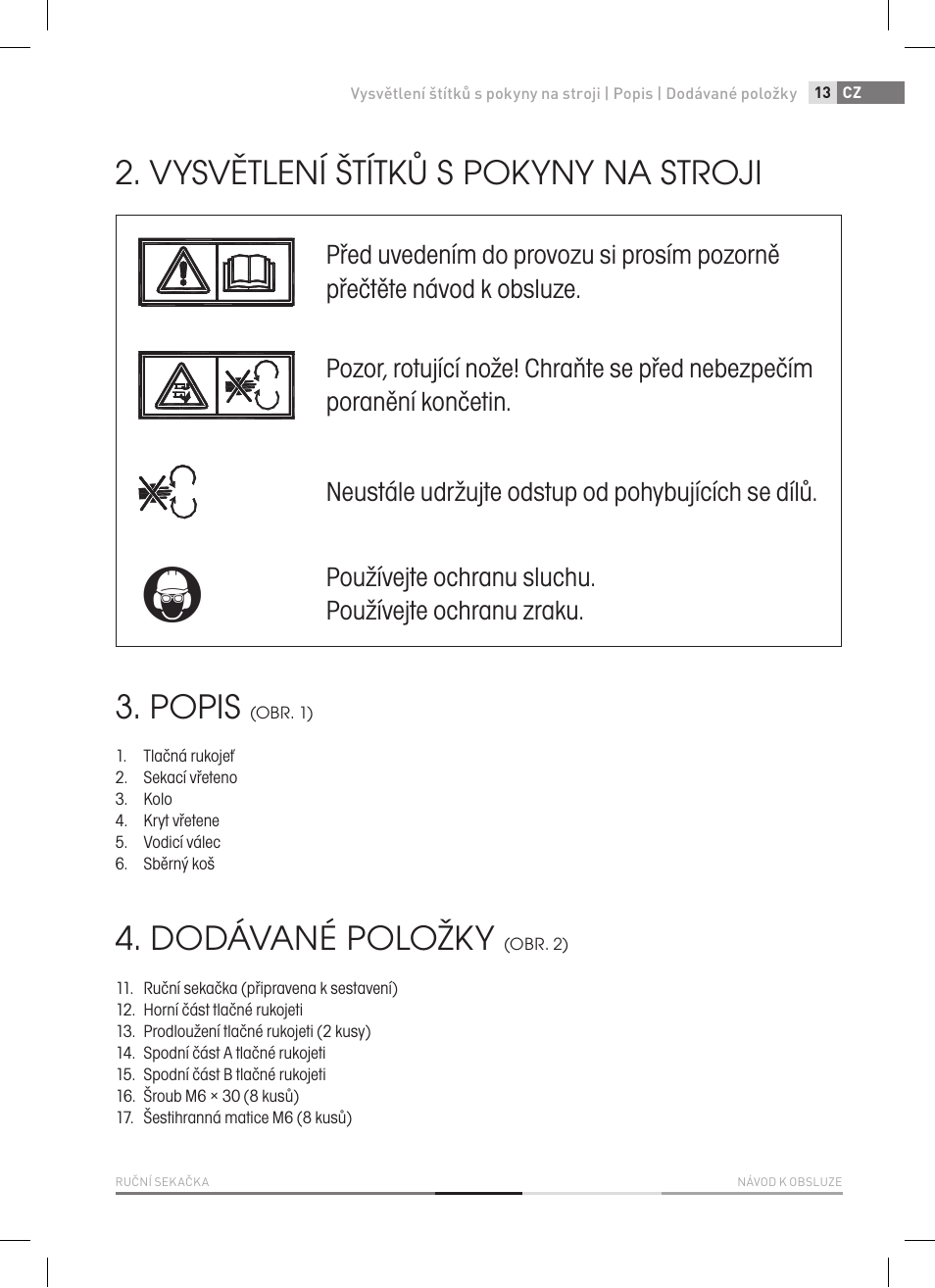 Vysvětlení štítků s pokyny na stroji, Popis, Dodávané položky | Fieldmann FZR 1010 User Manual | Page 13 / 36