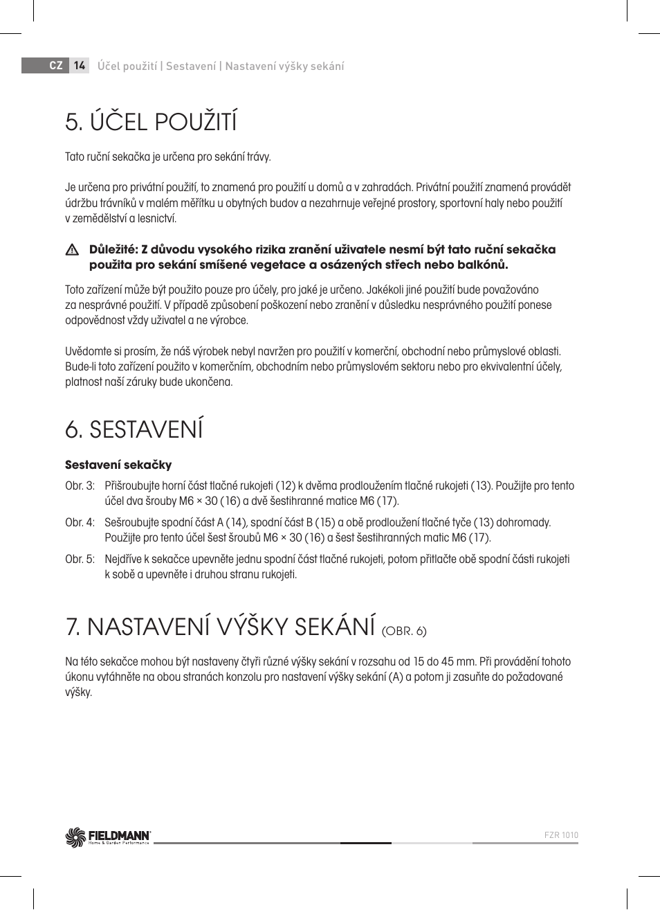 Účel použití, Sestavení, Nastavení výšky sekání | Fieldmann FZR 1010 User Manual | Page 14 / 36