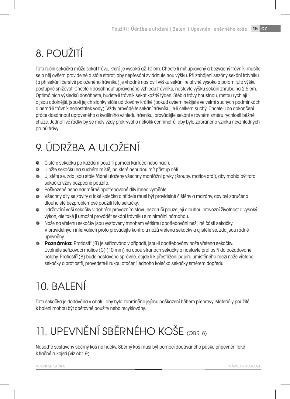 Použití, Údržba a uložení, Balení | Upevnění sběrného koše | Fieldmann FZR 1010 User Manual | Page 15 / 36