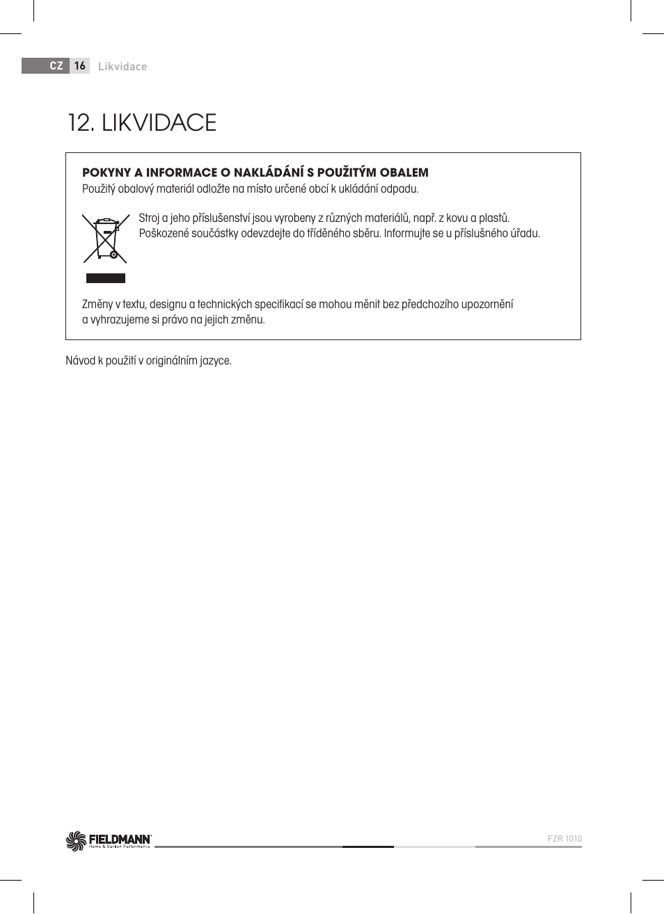 Likvidace | Fieldmann FZR 1010 User Manual | Page 16 / 36