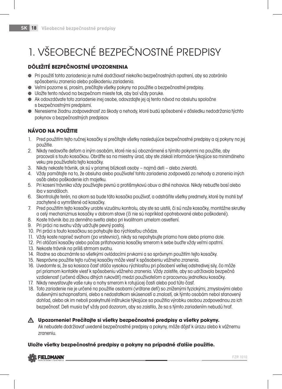 Všeobecné bezpečnostné predpisy | Fieldmann FZR 1010 User Manual | Page 18 / 36
