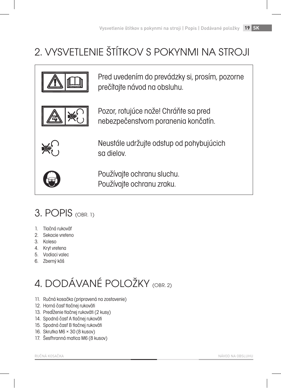 Vysvetlenie štítkov s pokynmi na stroji, Popis, Dodávané položky | Fieldmann FZR 1010 User Manual | Page 19 / 36