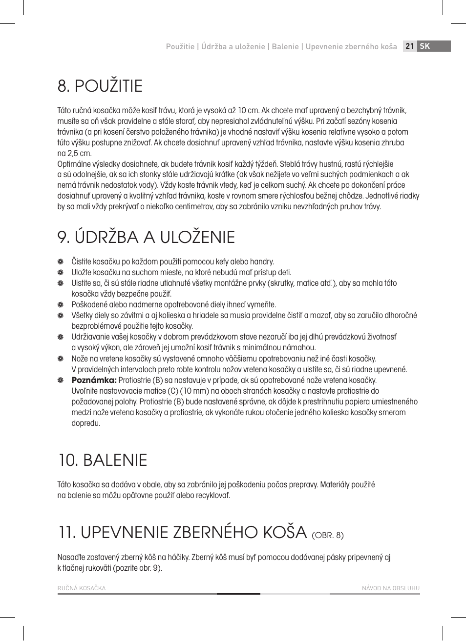 Použitie, Údržba a uloženie, Balenie | Upevnenie zberného koša | Fieldmann FZR 1010 User Manual | Page 21 / 36