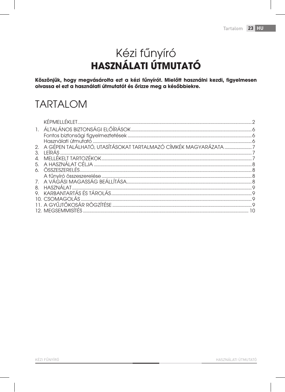 Kézi fűnyíró, Tartalom, Használati útmutató | Fieldmann FZR 1010 User Manual | Page 23 / 36