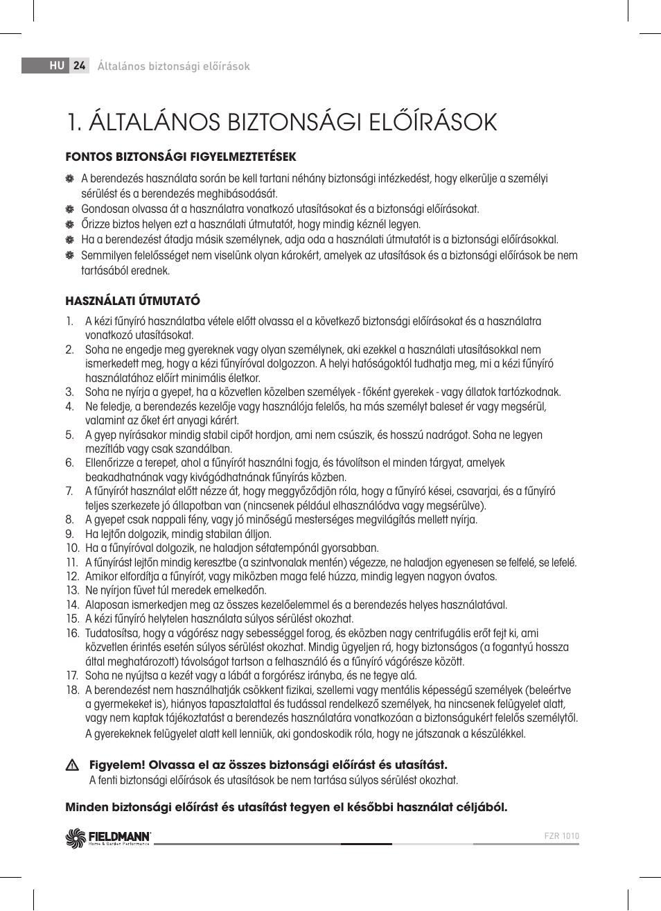 Általános biztonsági előírások | Fieldmann FZR 1010 User Manual | Page 24 / 36