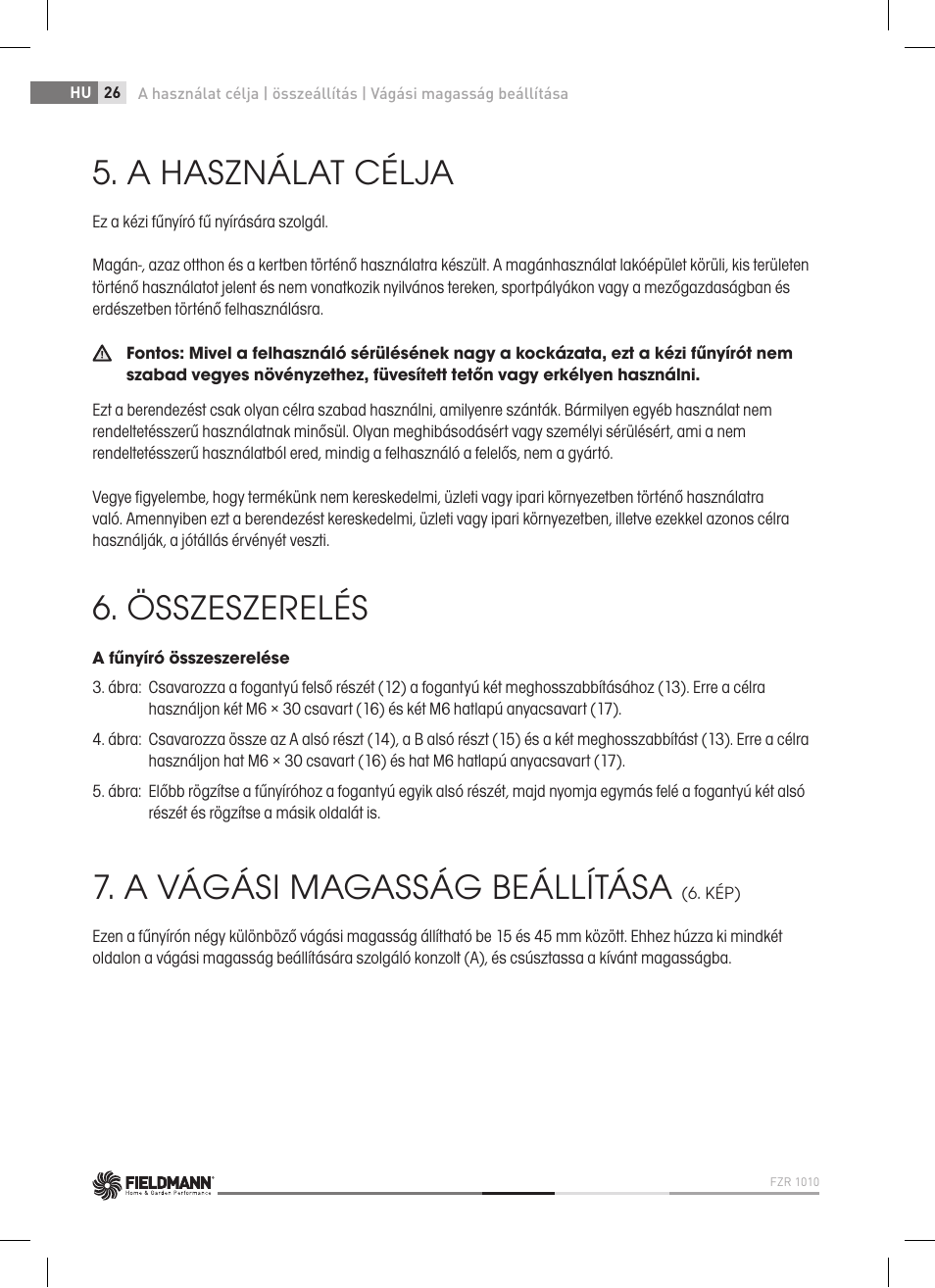 A használat célja, Összeszerelés, A vágási magasság beállítása | Fieldmann FZR 1010 User Manual | Page 26 / 36