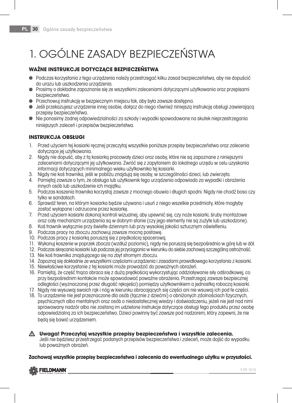 Ogólne zasady bezpieczeństwa | Fieldmann FZR 1010 User Manual | Page 30 / 36