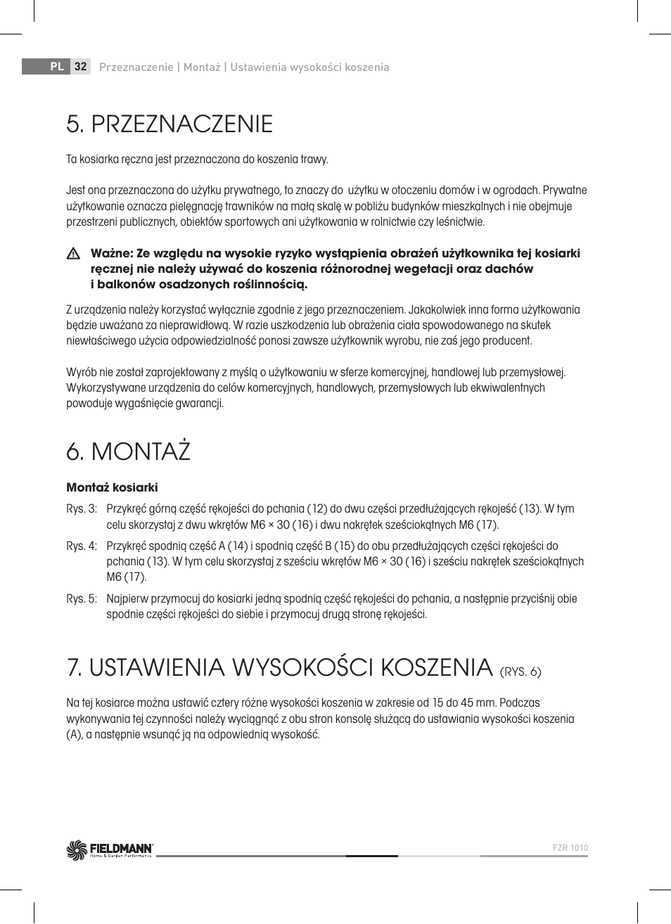 Przeznaczenie, Montaż, Ustawienia wysokości koszenia | Fieldmann FZR 1010 User Manual | Page 32 / 36