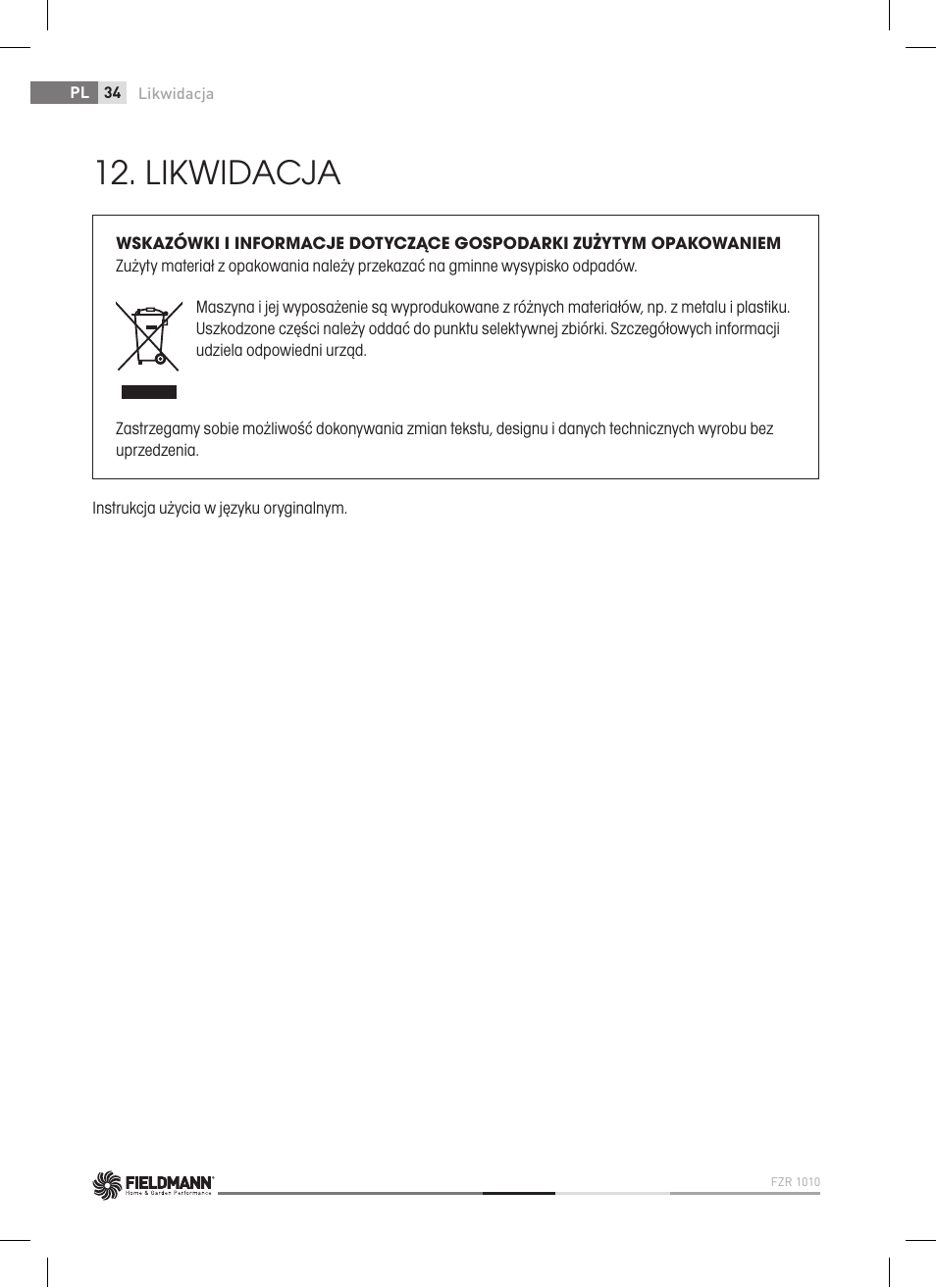 Likwidacja | Fieldmann FZR 1010 User Manual | Page 34 / 36
