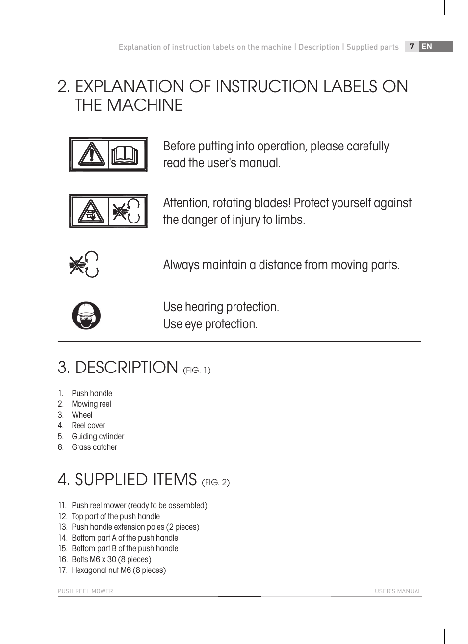 Explanation of instruction labels on the machine, Description, Supplied items | Fieldmann FZR 1010 User Manual | Page 7 / 36