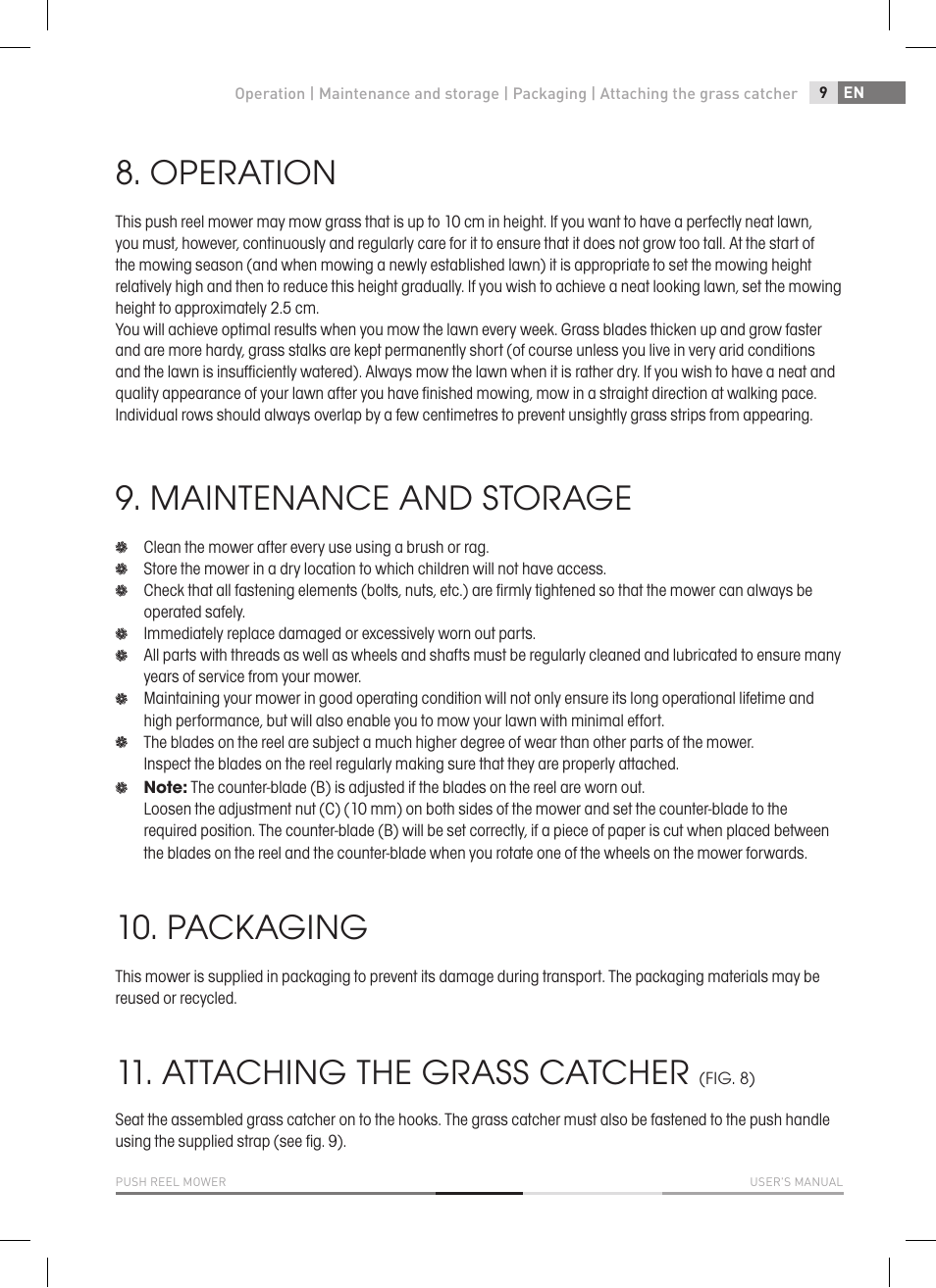 Operation, Maintenance and storage, Packaging | Attaching the grass catcher | Fieldmann FZR 1010 User Manual | Page 9 / 36