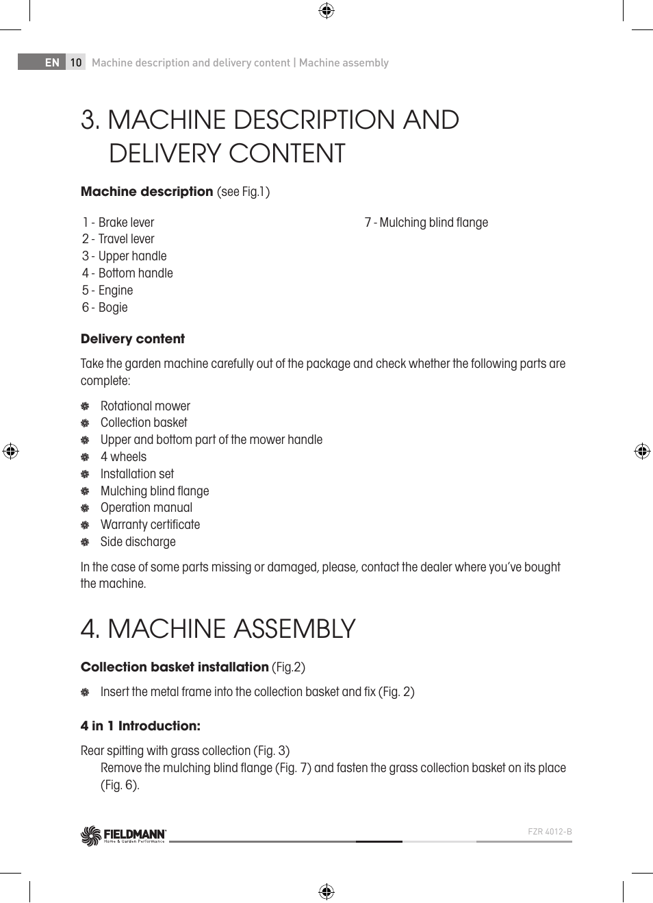 Machine description and delivery content, Machine assembly | Fieldmann FZR 4012-B User Manual | Page 10 / 82