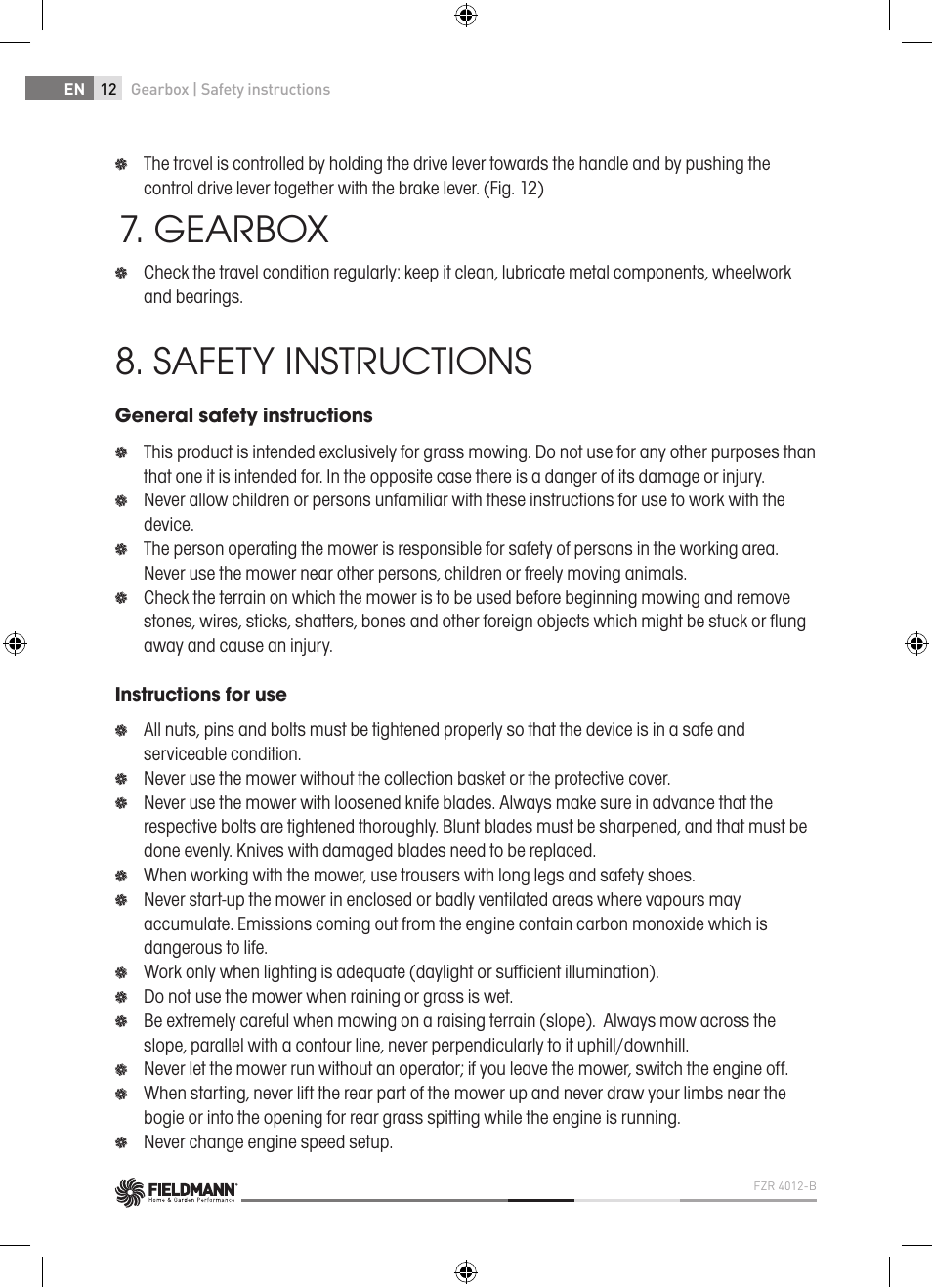 Gearbox, Safety instructions | Fieldmann FZR 4012-B User Manual | Page 12 / 82