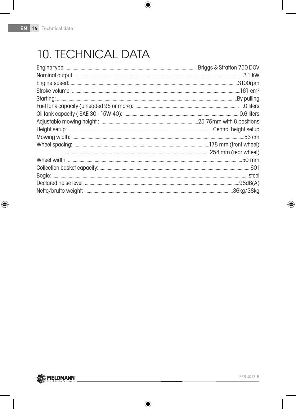 Technical data | Fieldmann FZR 4012-B User Manual | Page 16 / 82