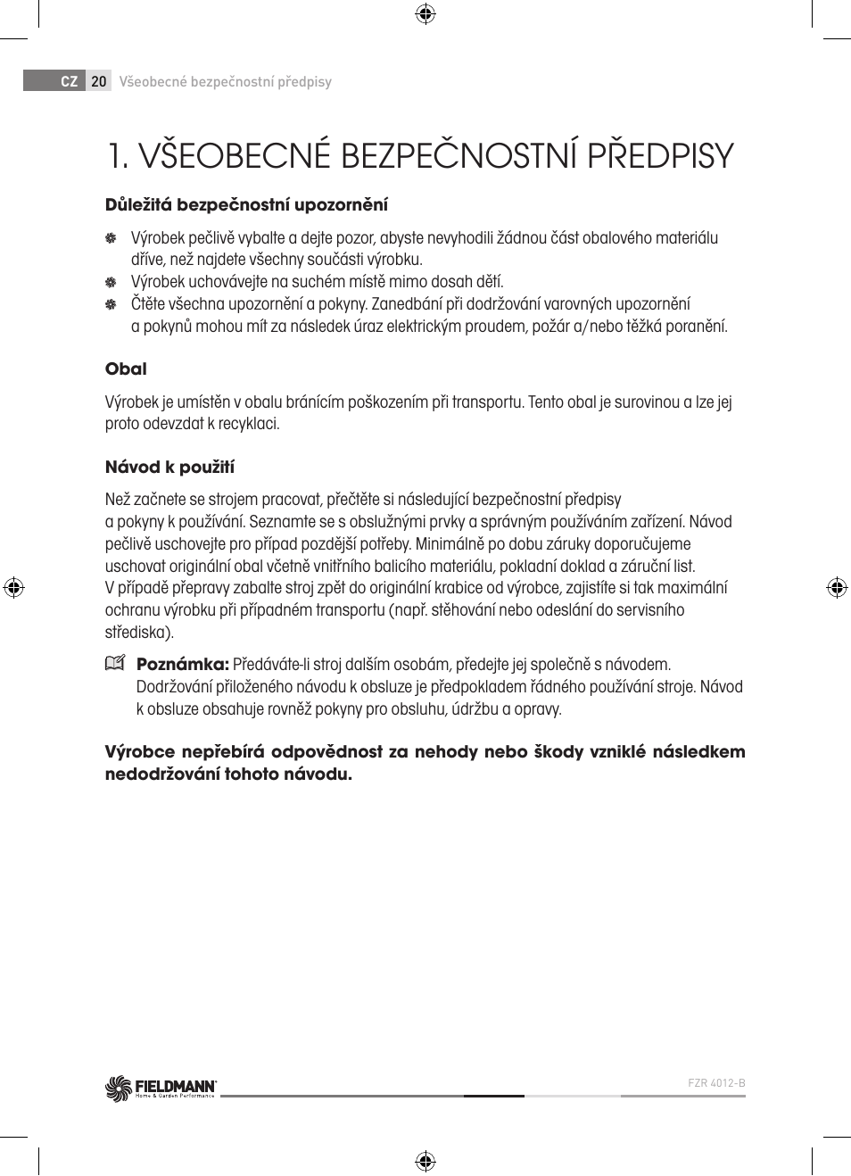 Všeobecné bezpečnostní předpisy | Fieldmann FZR 4012-B User Manual | Page 20 / 82