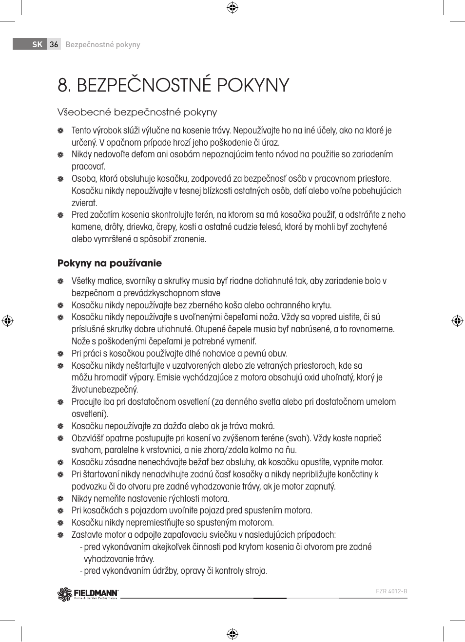 Bezpečnostné pokyny | Fieldmann FZR 4012-B User Manual | Page 36 / 82