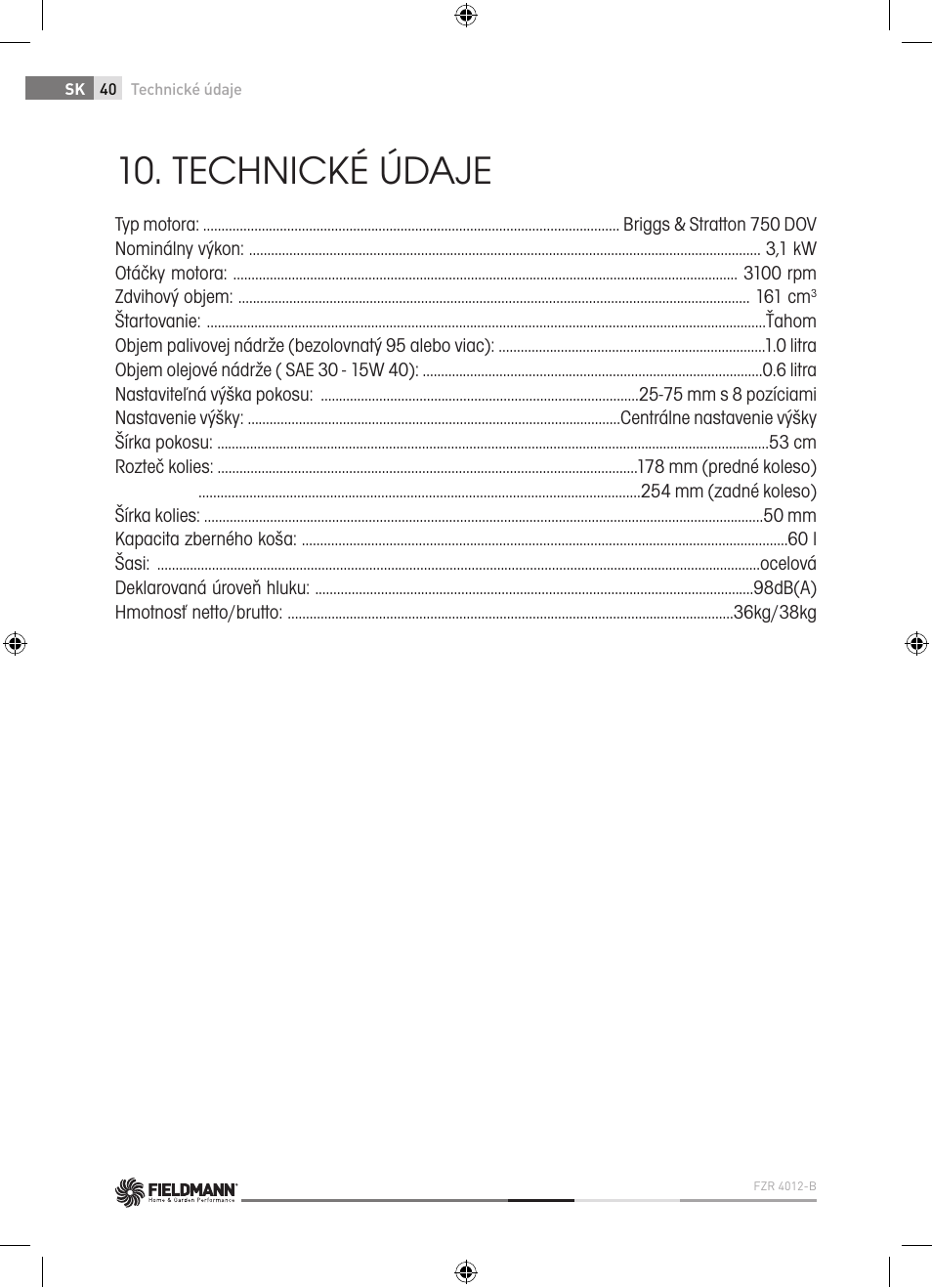 Technické údaje | Fieldmann FZR 4012-B User Manual | Page 40 / 82