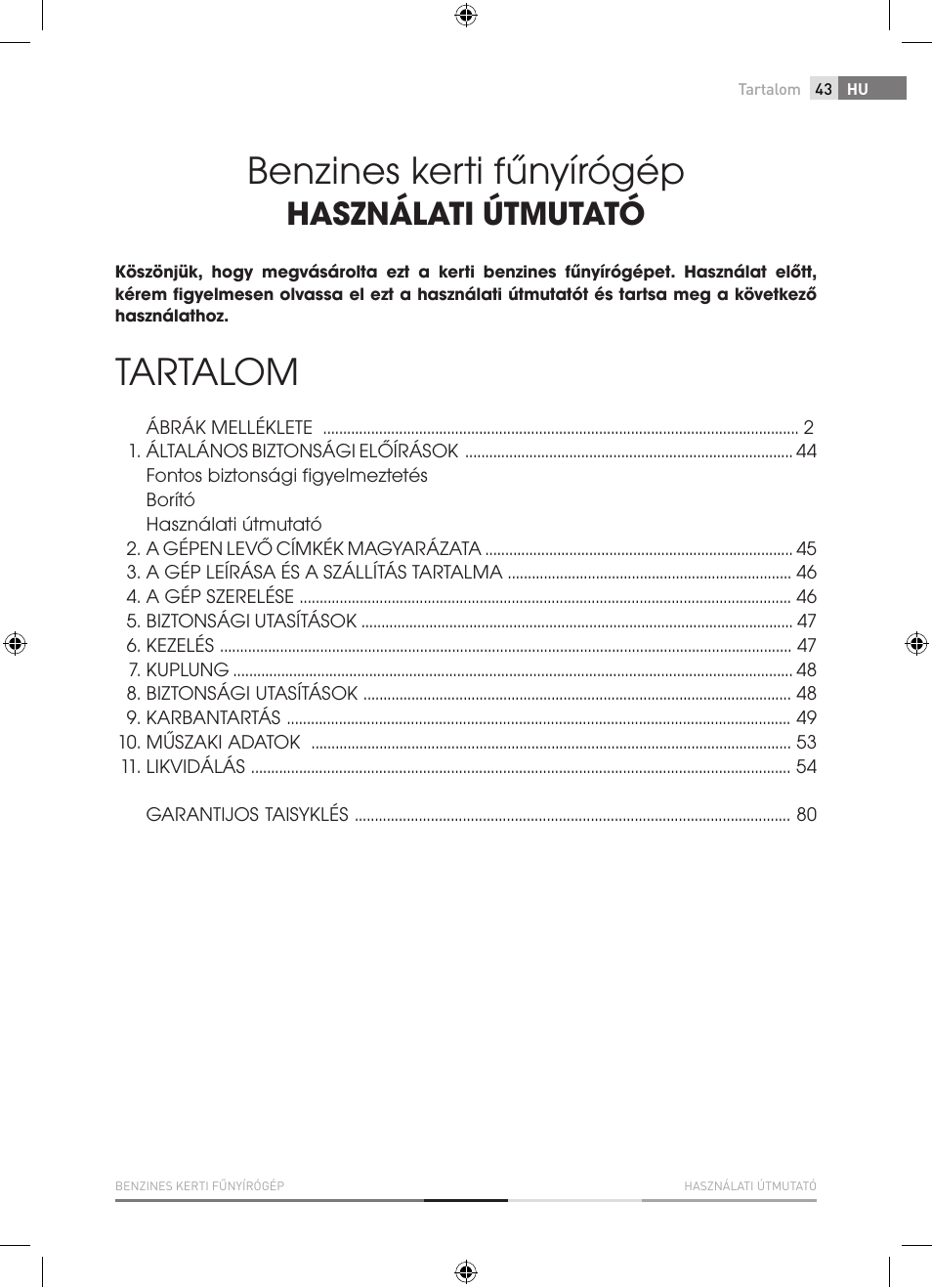 Benzines kerti fűnyírógép, Tartalom, Használati útmutató | Fieldmann FZR 4012-B User Manual | Page 43 / 82